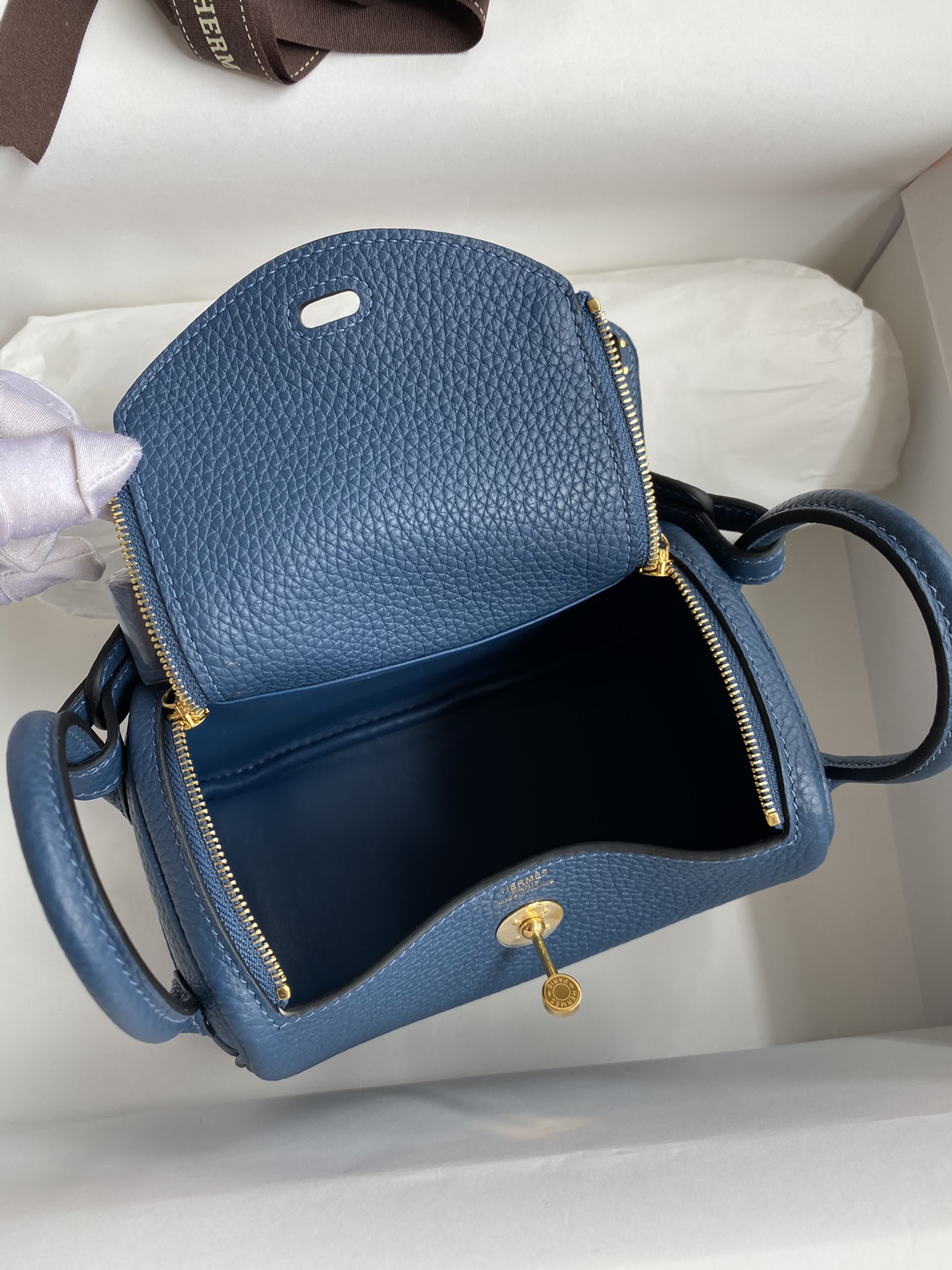 Hermes Mini Lindy 19cm Handbag Shoulder Bag In Dark Blue Clemence Leather